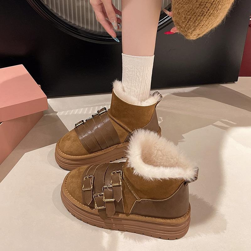 Belt Buckle Platform Snow Boots Winter New Round Toe Suede Plus Wool Warm Non-slip Wear-resistant Cotton Shoes