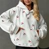 Women's Cherry Print Sweatshirt Jacket - Autumn European & American Street Style, Loose Fit, Versatile Sports Hoodie