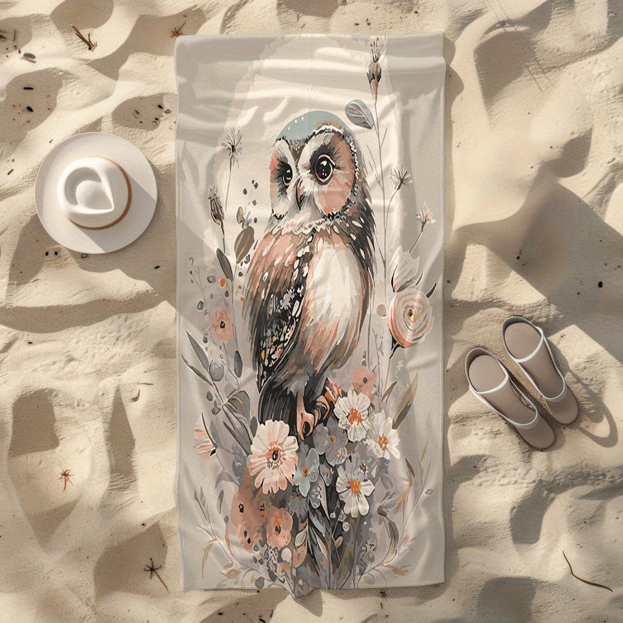 Watercolor Owl Beach Towel, Vintage Floral Owl Print Oversized Bath Towel, Soft Quick Dry Nature Lover Summer Beach Blanket