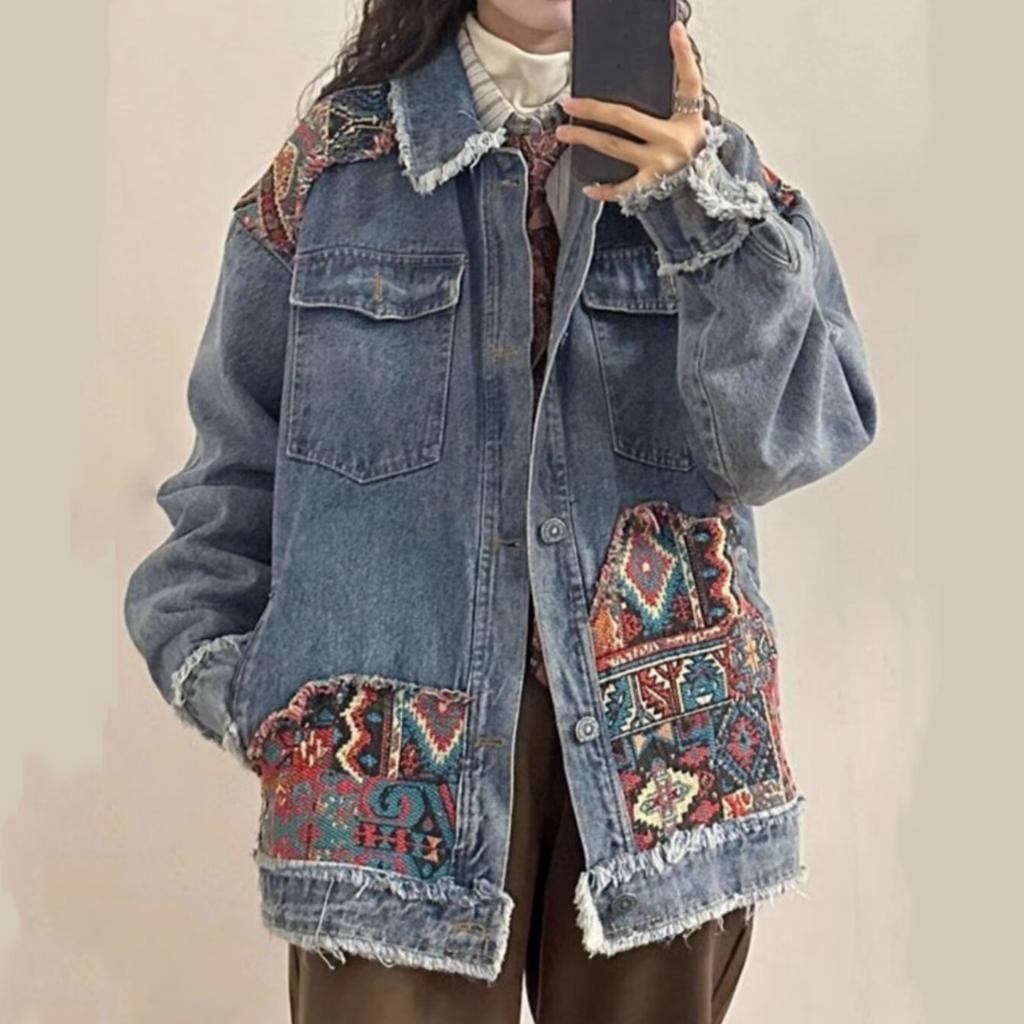 Women's Long-Sleeved Retro Ethnic Vouple Denim Jacket