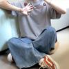 Summer Gray Short-sleeved T-shirt Women's New Popular Pure Cotton Front Shoulder Design American Loose Half-sleeved Top