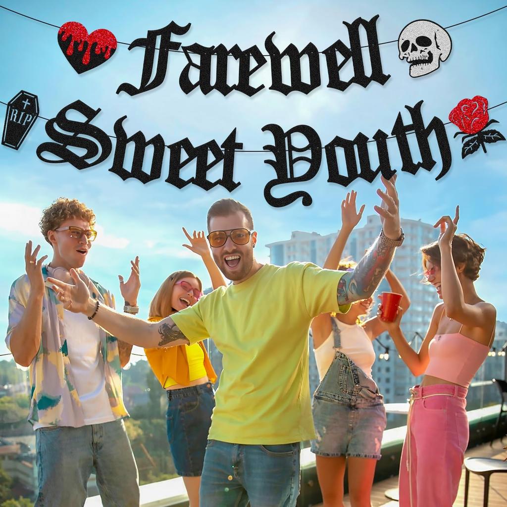 Farewell Sweet Youth Banner Funeral for My Youth Birthday Decorations Gothic Death Rip to my 20th 30th 40th bday Backdrop Bachelorette Retirment