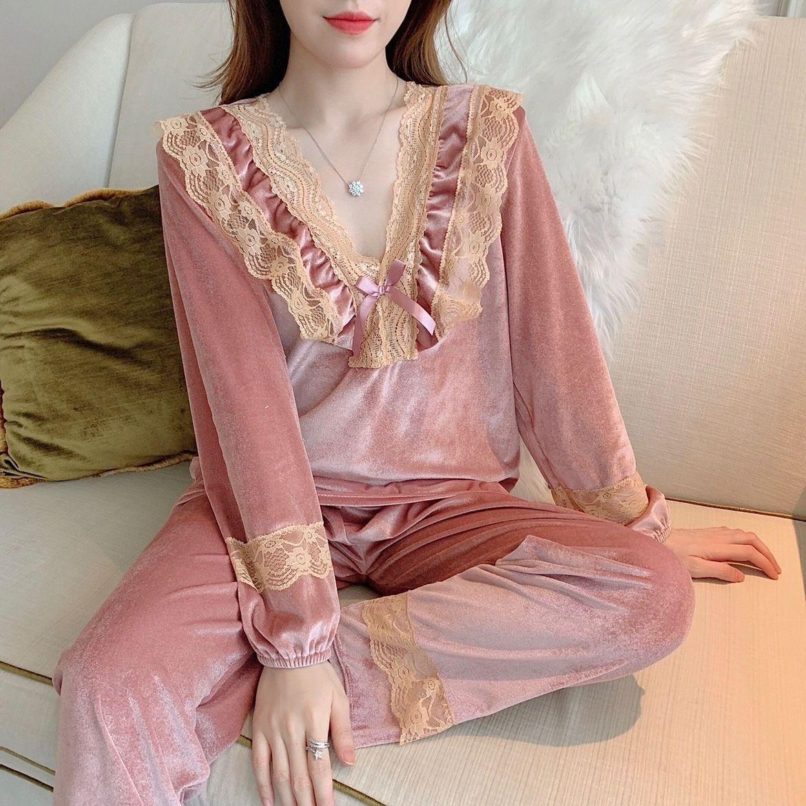 

Золота оксамитова піжама Жіноча весна та осінь з довгим рукавом Plus Fat Size Fat Catties Зимовий домашній костюм, який можна носити комфортно 4XL