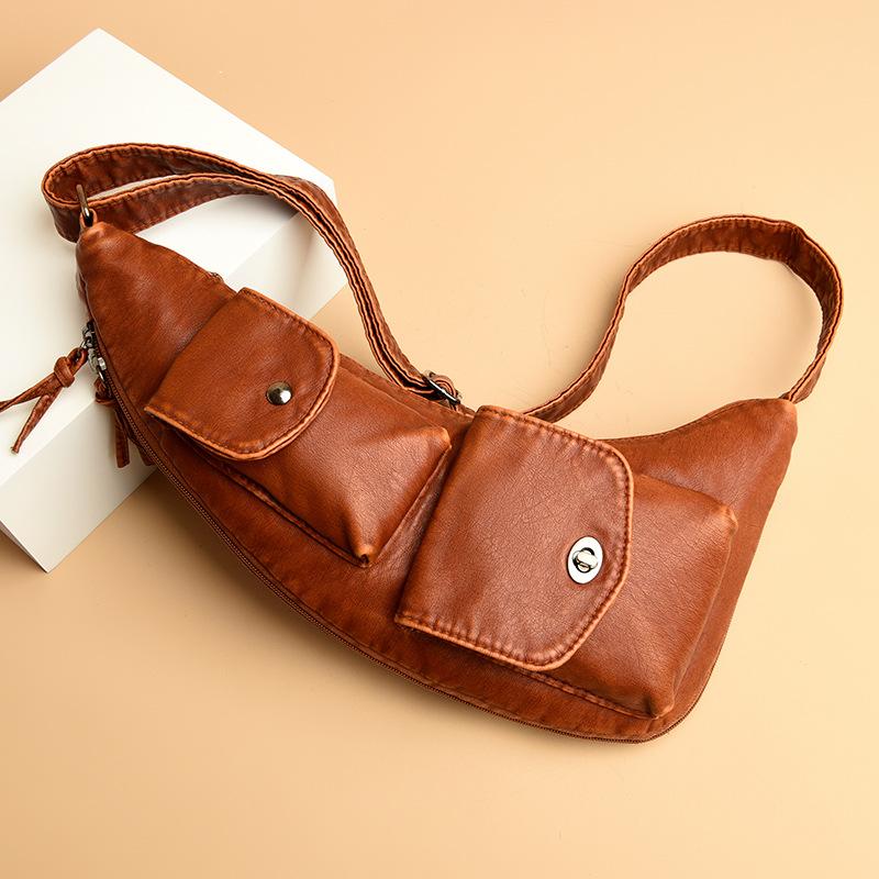 Women'S Breast Bag Washed Leather Fanny Pack Soft Leather Retro Casual Messenger Bag Personalized Simple Shoulder Bag