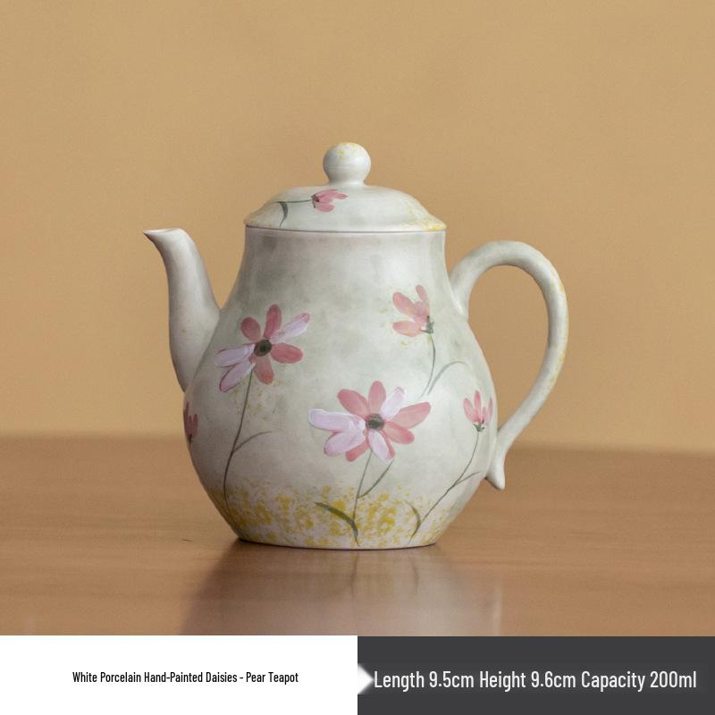 Pear-Shaped Ceramic Teapot with White Glaze & Hand-Painted Daisies - Small Gongfu Teaware for Brewing