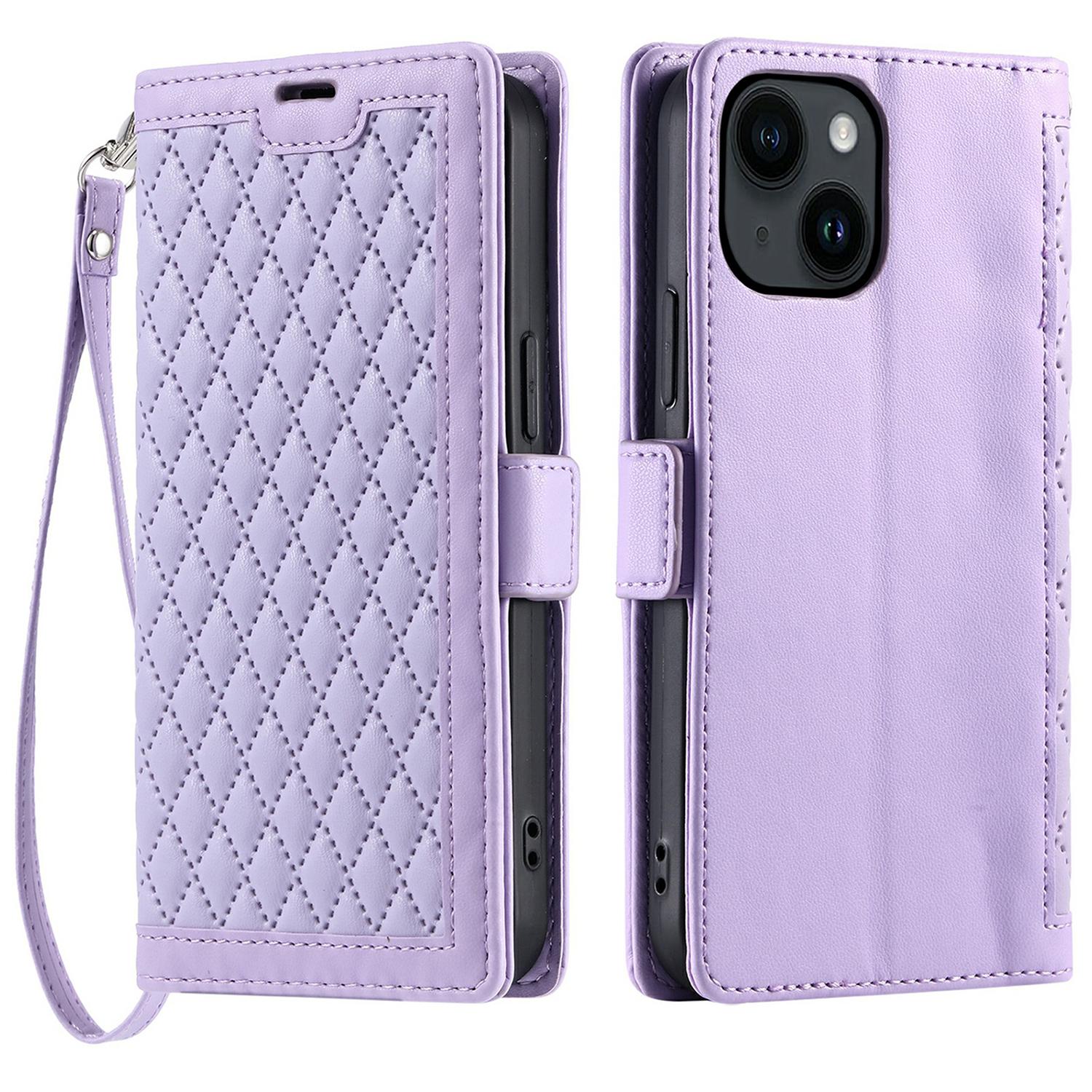 

For iPhone 15 Leather Case Rhombus Texture Wallet Stand Phone Cover with Wrist Strap Purple