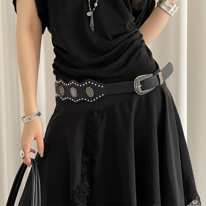 Unique Charm Wide Waist Sash PU Leather Waist Belt with Irregular Studs Feature Adjustable Waistband for Women