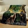 Glowing antlers, leafy forest backdrop, birds, and two deer in focus. for all seasons blanket lunch break throw gift