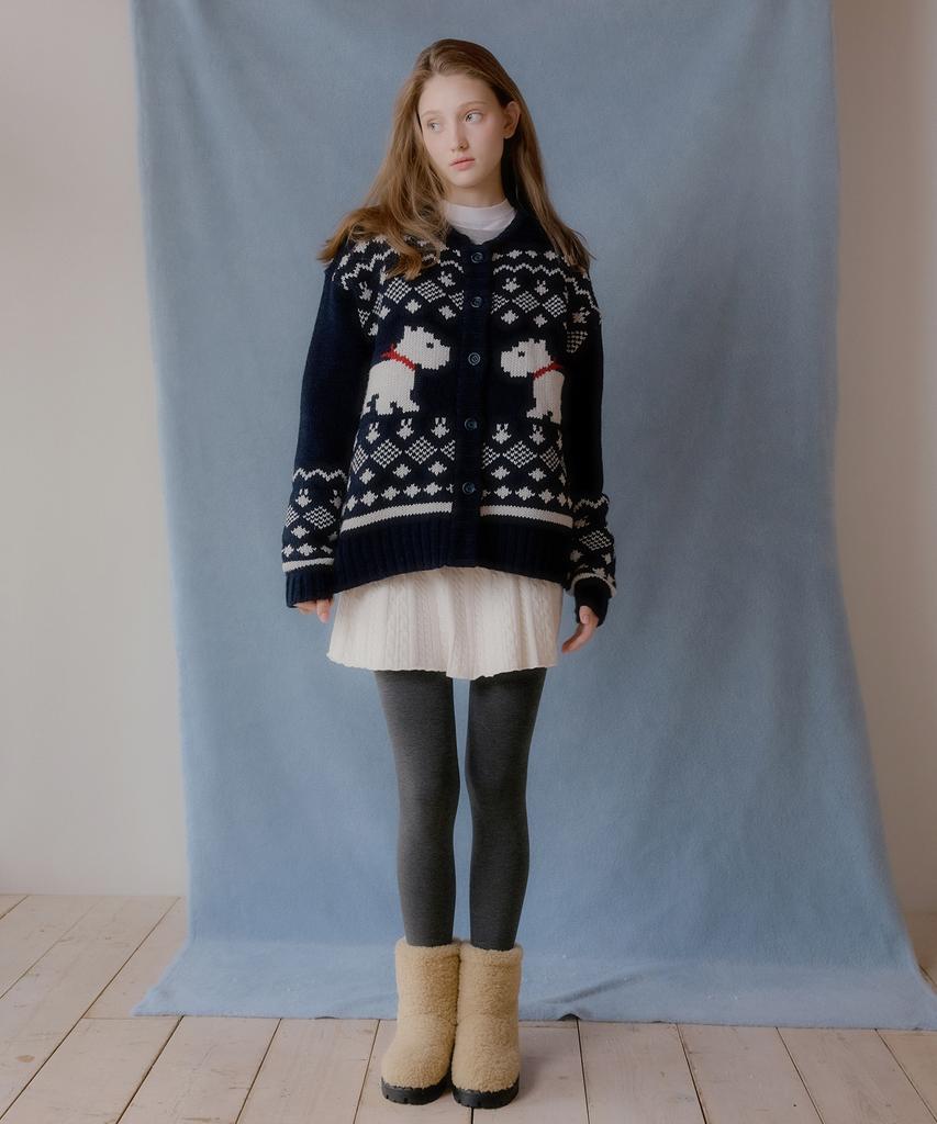 Letter From Moon Scottish Terrier Cowichan Wool Cardigan (Navy)
