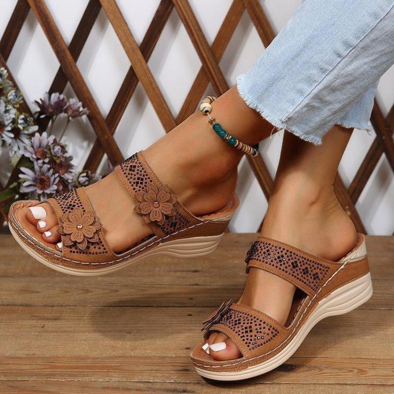 New flower sandals women's shoes car line leisure vacation beach slope heel comfortable large size foreign trade
