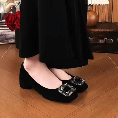 New Velvet Rhinestone Square Buckle Single Shoes for Women's Spring and Summer New Temperament Elegant Round Head Medium Heel Thick Heel Black