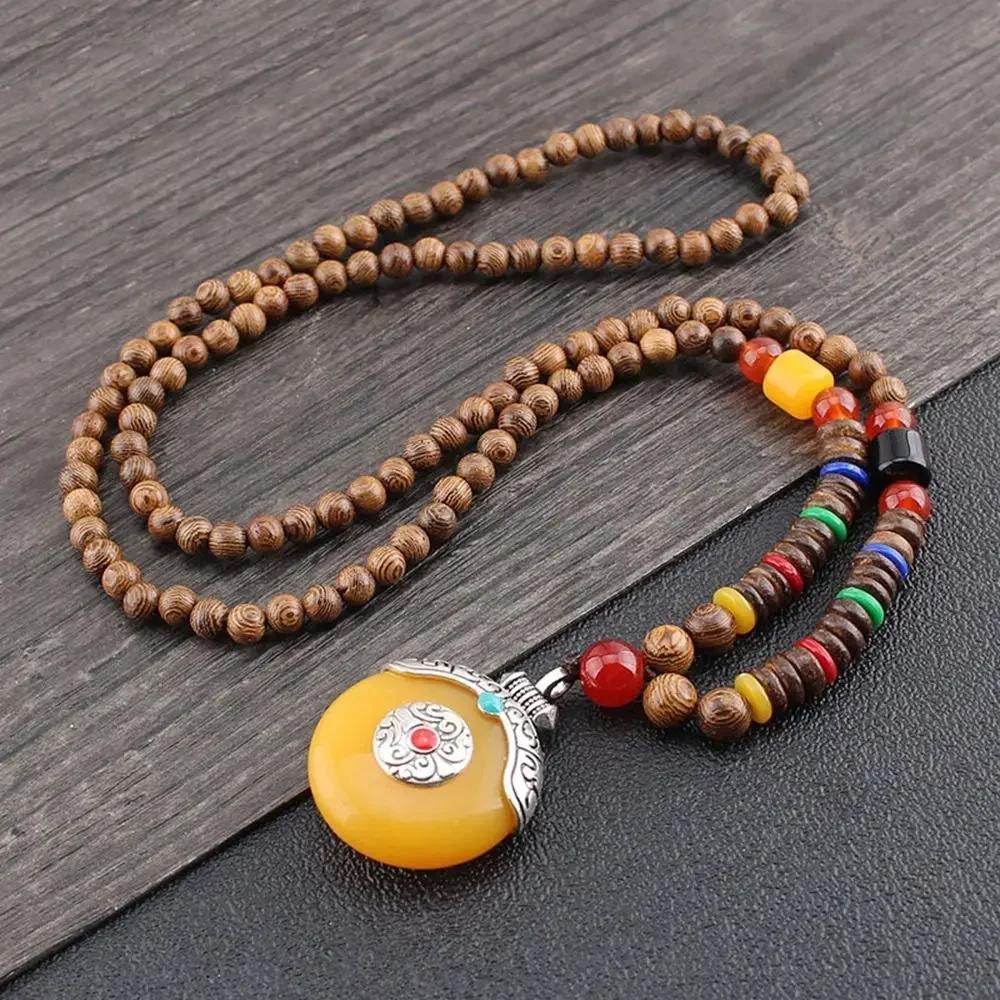 Handmade Nepal Buddhist Mala Bead Pendant Necklace Ethnic Wooden Bead Long Jewelry Gifts For Women