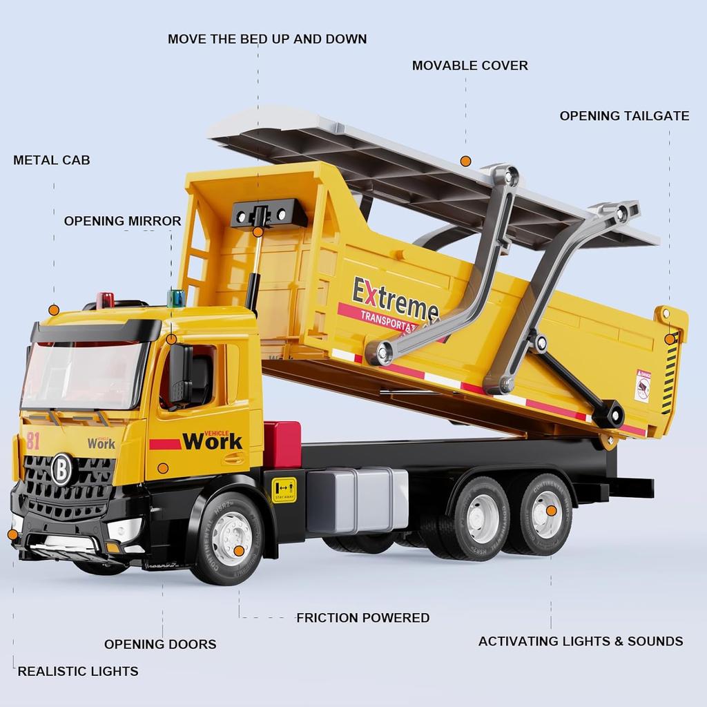 Dump Truck Toy, Large Dump Trucks Metal Cab, Big Construction Trucks with Lights and Sounds, Construction Vehicle Toys, Kids Birthday Xmas Gifts