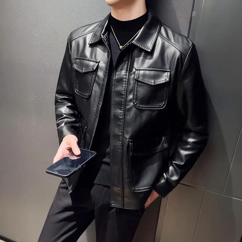 2026 Neue Herren Freizeit Lederjacke Mehrere Taschen Einfarbige Revers Motorradmantel Herbst Oberbekleidung Mode Biker Locker Streetwear