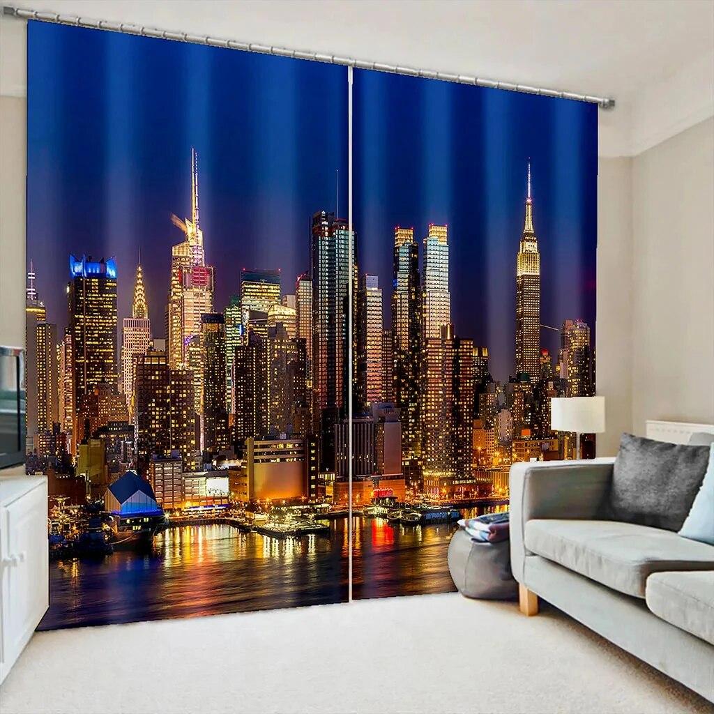 Městská noční scéna Moderní městská architektura Okenní závěsy Žaluzie do obývacího pokoje Ložnice Koupelna Dveře do kuchyně Domácí dekorace
