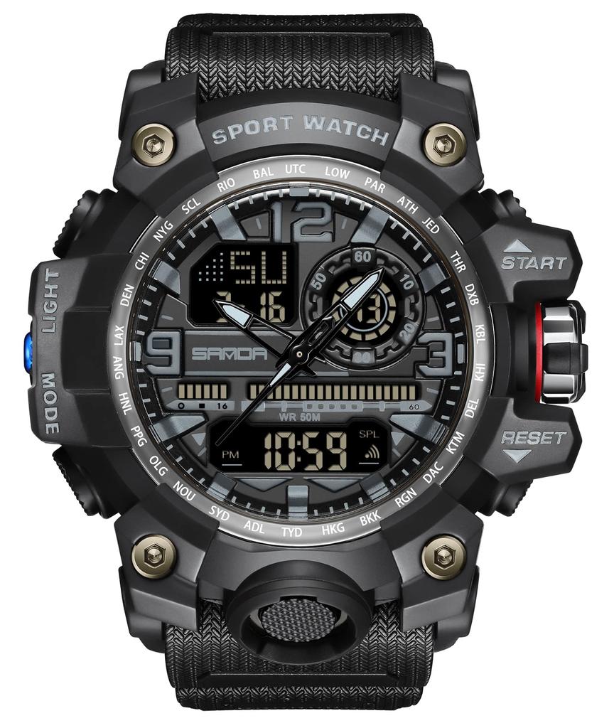 Digital Watch Sports Stopwatch Water Compatible Fashion Military Style Running Watch Dual Time Bilateral Time Display Alarm Alarm Clock Luminous 50m