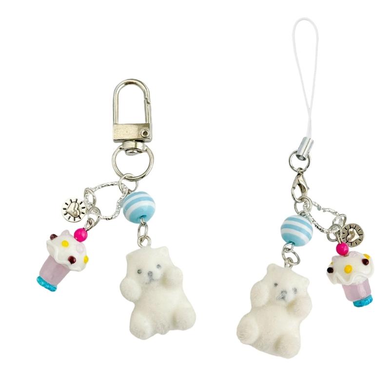 Cute Ice Cream Keychain Soft Flocking Bear Pendant Charm Phone Chain Beaded Lightweight Decoration For Women Gifts