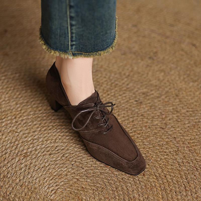 Fashion NEW Spring/Autumn Women Pumps Square Toe High Heel Shoes Concise Sheep Suede Leather Shoes for Women Brown Lace-up Handmade Shoe
