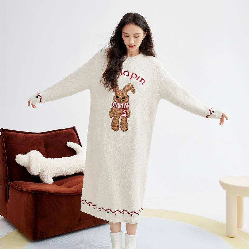 

Женский флисовый пижамный комплект с круглым вырезом - Утепленный, теплый осенне-зимний домашний костюм Free Size