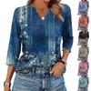 Women's Fashion Casual Printed V-Neck Button Three-quarter Sleeve T-Shirt Raglan Sleeve Top