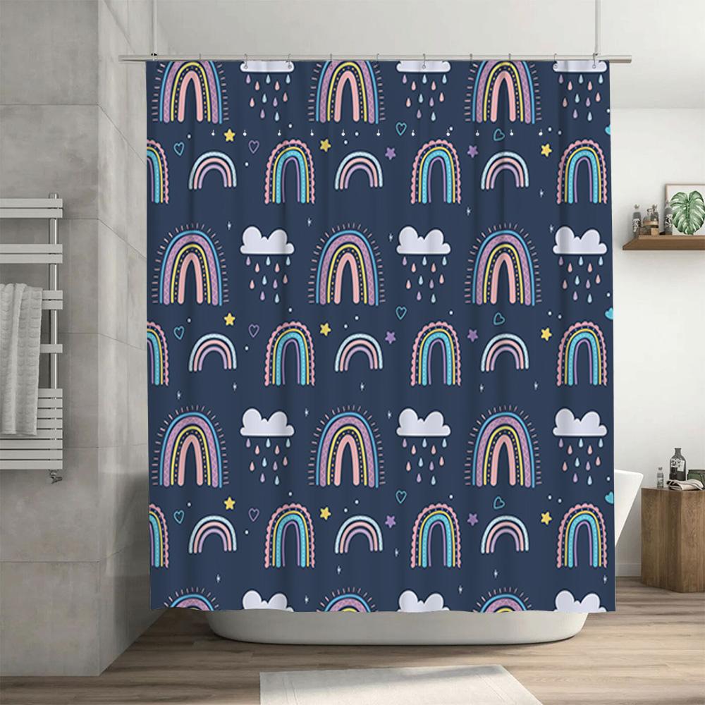 Rainbow Shower Curtain Waterproof Home Decor Bathroom Decorative Fabric Polyester Print Shower Panels for Kids Bathing Room Blue