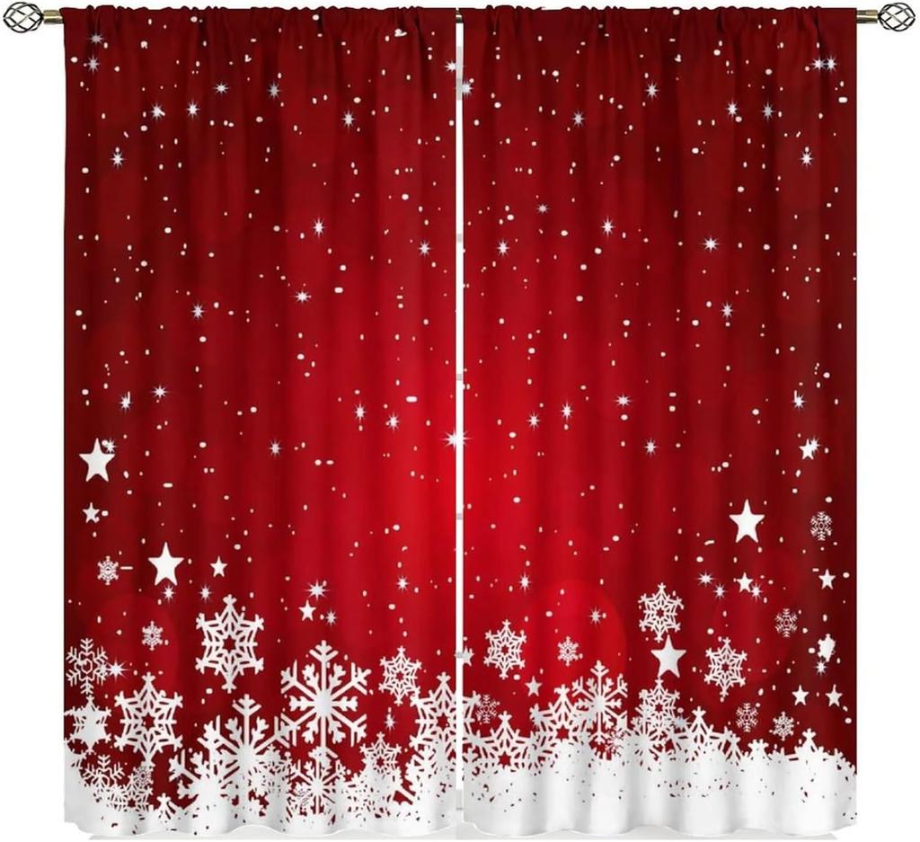 Christmas Curtains Red White Snowflakes Xmas Merry New Year Winter Holiday Party Decor Window Drapery Treatments Curtain Made Of Polyester