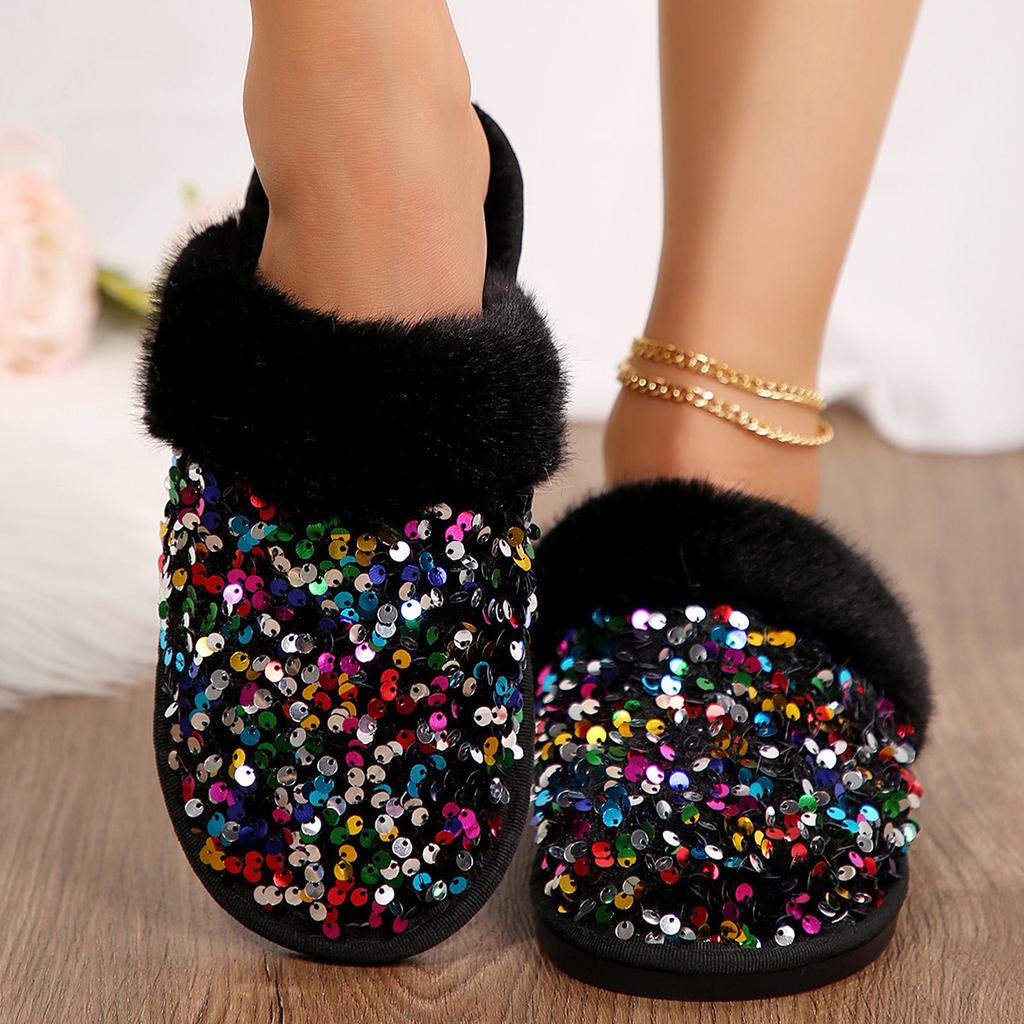 Fashion Shining Sequins Home Fur Slippers Women 2024 Winter Warm Plush Flat Cotton Shoes Woman Indoor Bedroom Soft Sole Fluffy Slippers