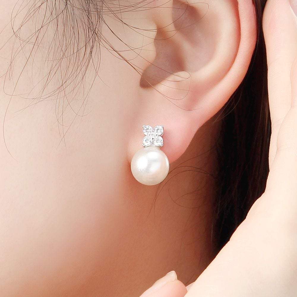 Platinum-plated Silver Pearl Cubic Earrings for Women, Daily Bold Earrings, 925 Silver Earrings, Gold Earrings, and Wedding Earrings.