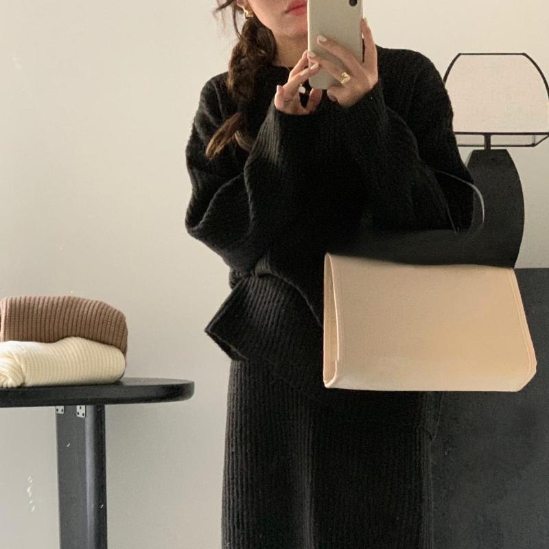 Lazy Loose Crew Neck Sweater Skirt Set Autumn and Winter Versatile Knitted Sweater Two-piece Set