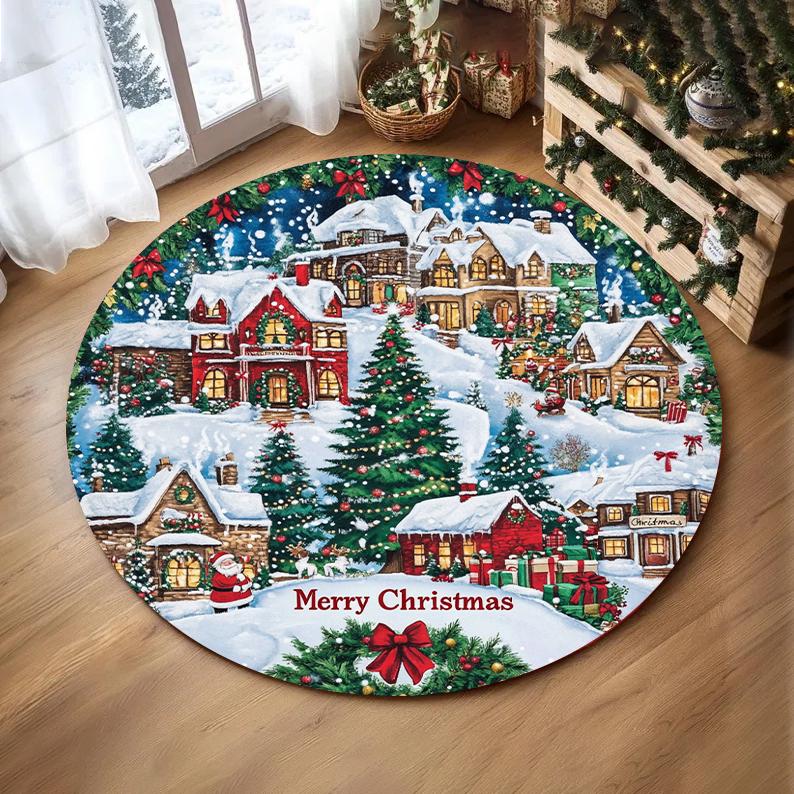 Christmas Snowflake Christmas Tree Round Rug Holiday Decor Cozy Living Room Bedroom FloorMat Winter Seasonal Decor Bedside Rug