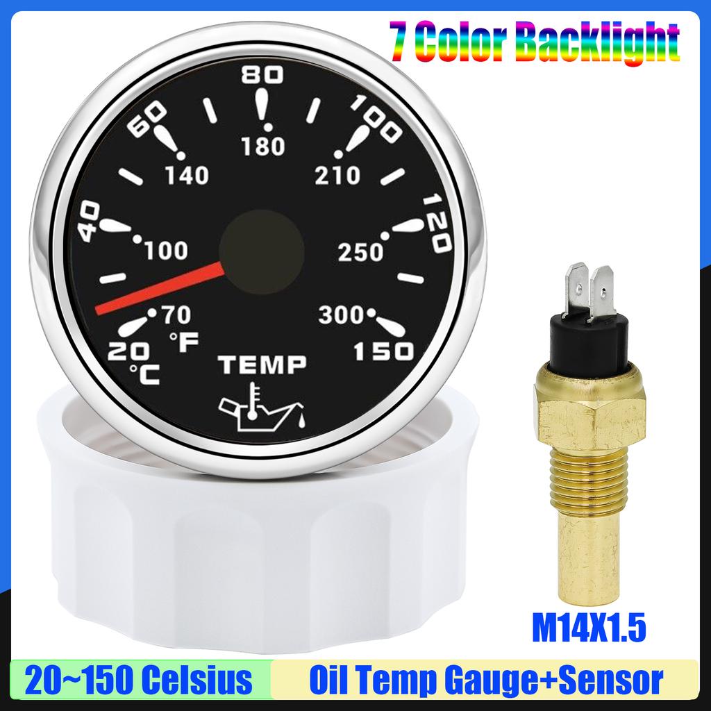 20~150℃ 7 Color Light 52mm Oil Temperature Gauge with Sensor 1/8NPT M14X1.5 Oil Temp Meter for Car Marine Boat 12V 24V Custom