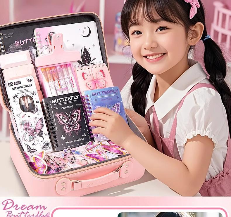 Pink Butterfly Stationery Gift Box for Girls, Back to School Supplies, Big Gift Pack for Tenth Birthday Party Favors