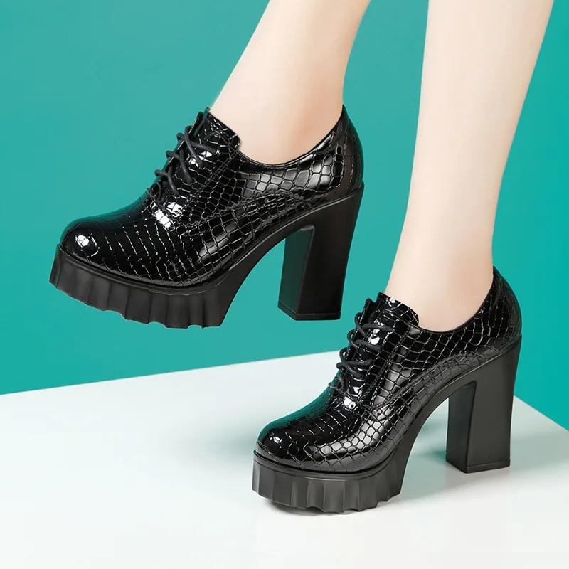 10cm Small Size 32-43 British Deep Mouth Platform Shoes Brogues Fall 2025 Block High Heels Shoes Genuine Leather Shoes Office