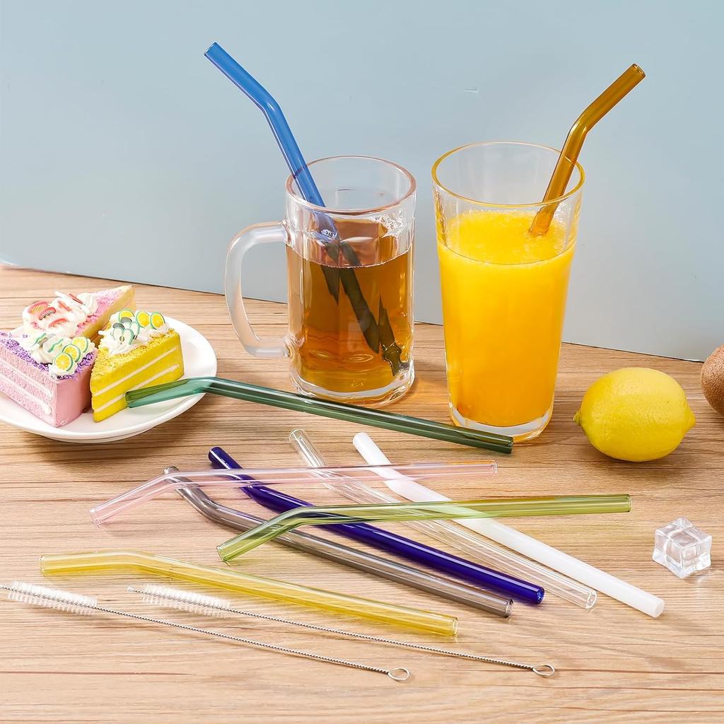 [10 Pcs] Reble Glass Straws Shatter Resistant - 9" x 10 mm Bent Multicolor Drinking Reble Straws With 2 Cleaning Brushes for Coffee,Milkshakes,Juice