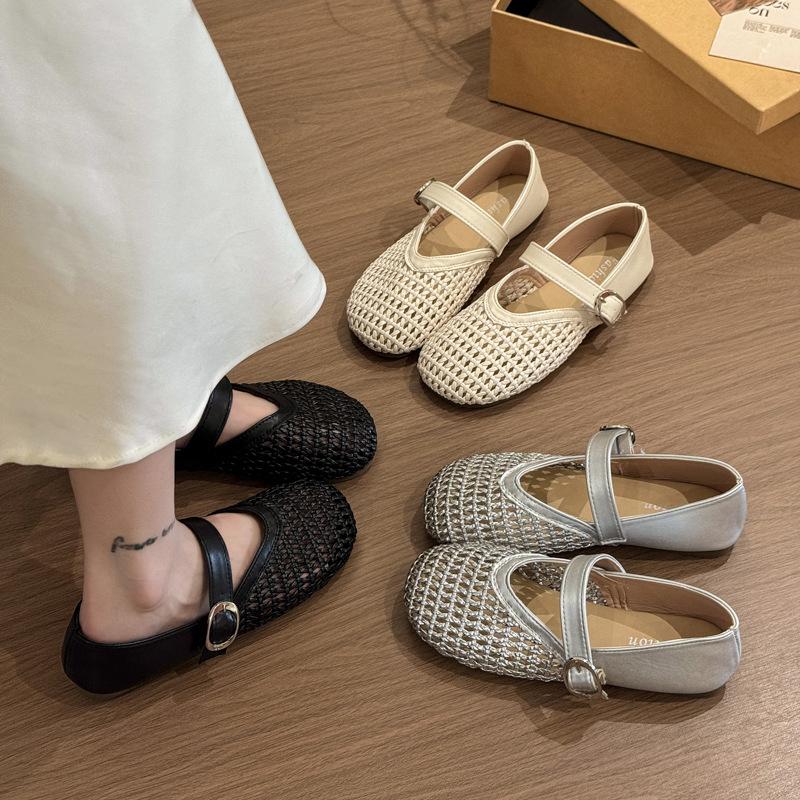 Mary Jane Fisherman Shallow Mouth Single Shoes Women's 2025 New Flat Bottom Mesh Hollow Woven Sandals Hole Small Leather Shoes