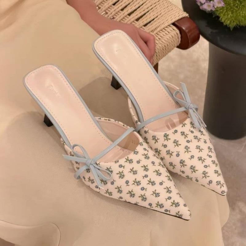 

Blue Small Flowers Spring Less Pointed Toe Bow High Heel Slipper for Women 35 синий