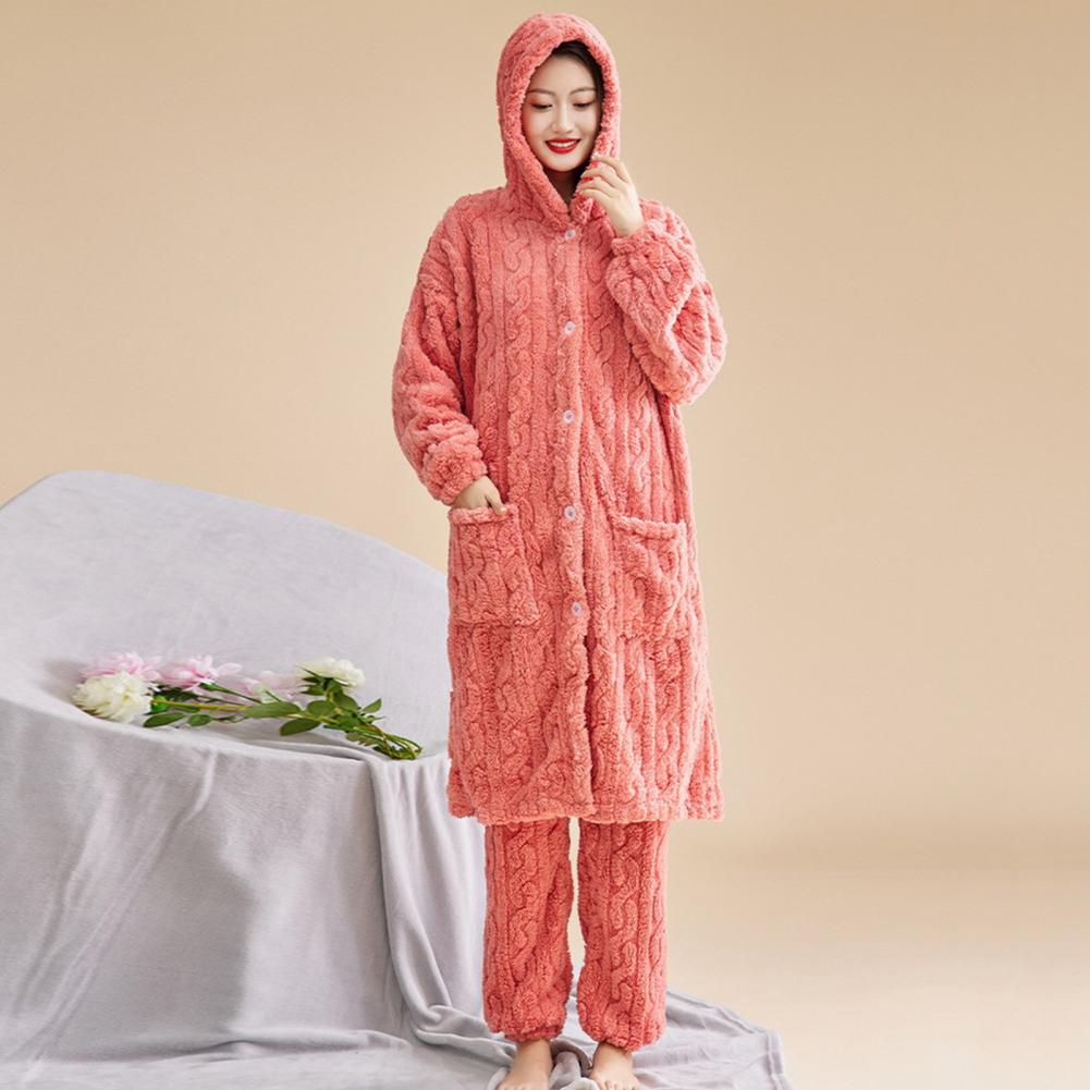 Women Coral Velvet Pajama Kit Cozy Winter Womens Bathrobe Pants Kit with Fleece Lining Hooded Robe Pockets Warm for Cold