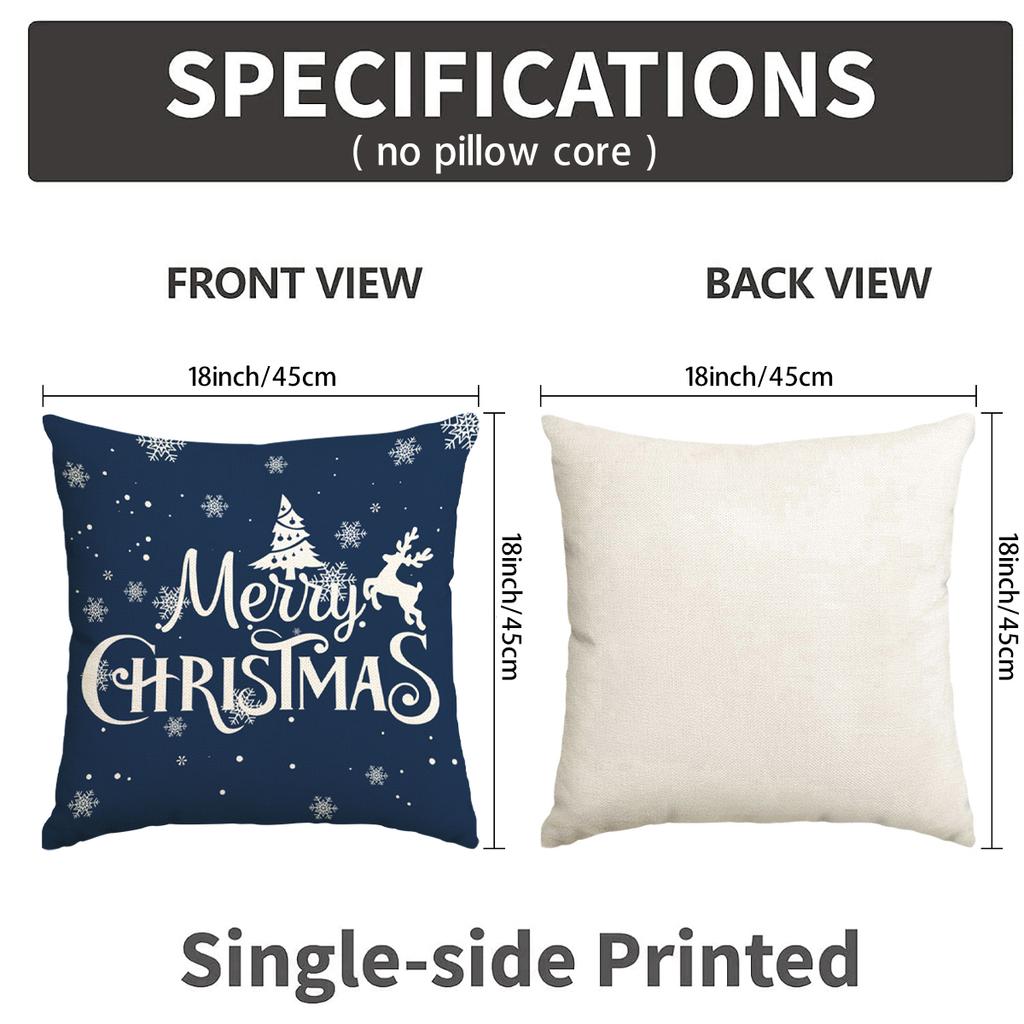 1 \ 4pcs blue Christmas pillow cover, single-sided printed cushion cover, suitable for living room sofas (without pillow core)