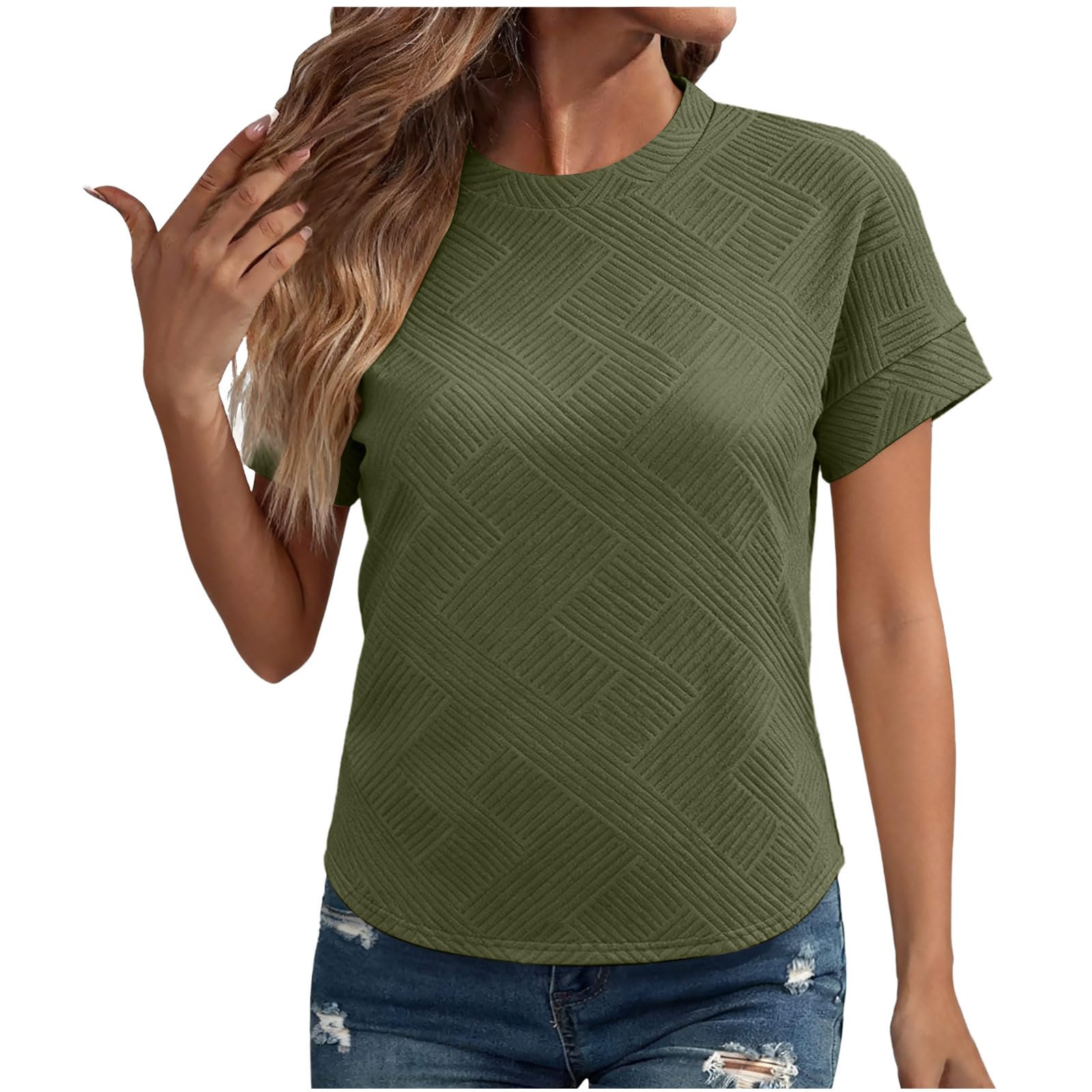 Women s Fashion Oversized Round Neck Textured Short-Sleeve T-Shirt Casual Top L армия зеленый
