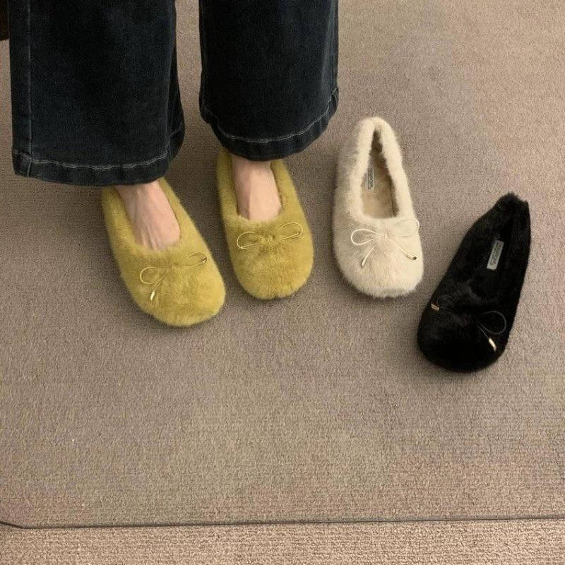 Neue Mode Damen Schuhe Ballerinas Niedrige Absätze Lässige Damen Sneaker Slipper Loafer Fell Runde Zehenpartie Flacher Ausschnitt Boot Slipper Winter