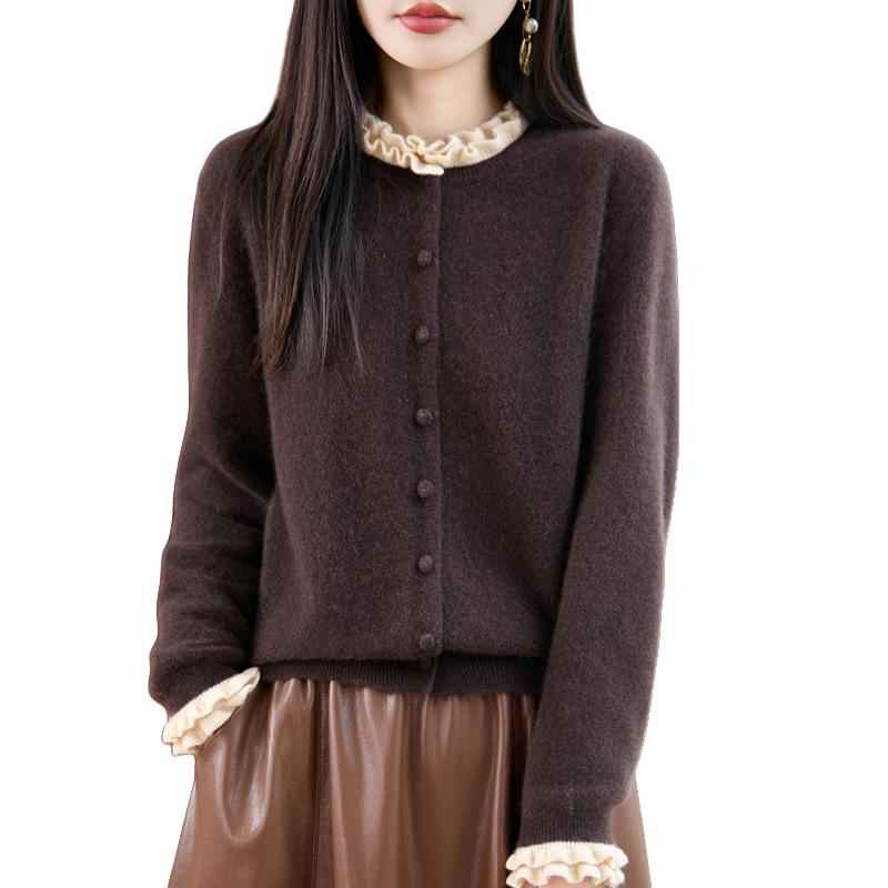 Trendy Women's 100% Wool Knit Cardigan - Thickened Lace-Trimmed Jacket for Autumn/Winter
