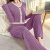 Spring autumn Women Cardigan Sleepwear solid lace Trim Pajamas Set casual sexy crop Tops and Long Trousers Loungewear Nightwear