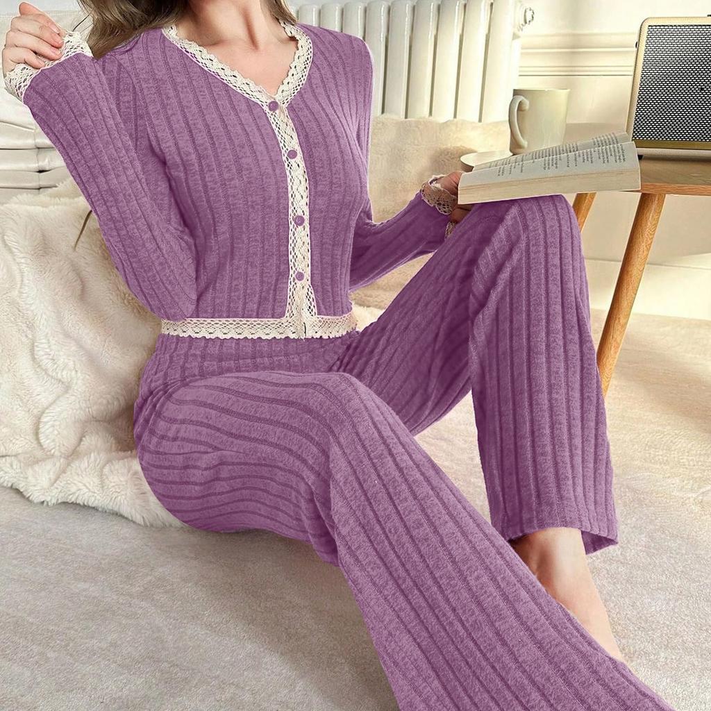 Spring autumn Women Cardigan Sleepwear solid lace Trim Pajamas Set casual sexy crop Tops and Long Trousers Loungewear Nightwear
