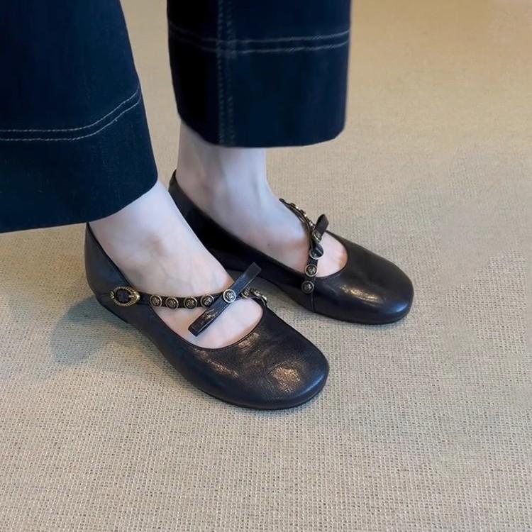 Soft leather version~ French retro light mouth one-word buckle bow single shoes flat soft leather one-pedal Mary Jane shoes women