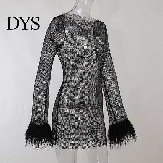 Sexy Evening Dress Glitter with Fur-Trimmed Cuffs Round Women Neckline Long Sleeves See-through Slim Fit