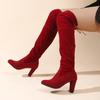 Damen Neue Herbst Winter Übergröße Über dem Knie Stretch Stiefel Hoher Blockabsatz Spitze Farbe Uni Wildleder Langer Schaft Damenstiefel