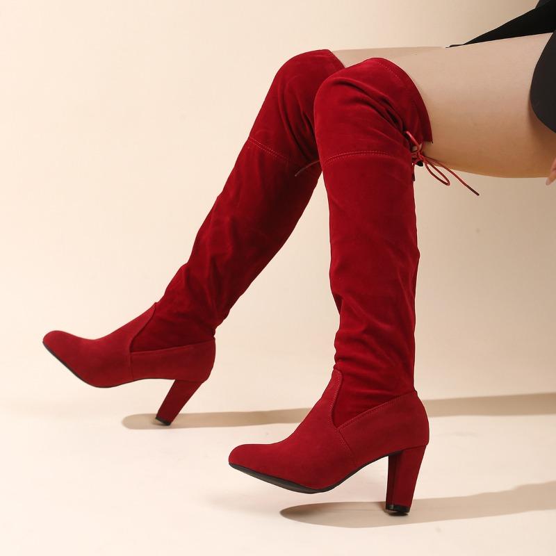 Damen Neue Herbst Winter Übergröße Über dem Knie Stretch Stiefel Hoher Blockabsatz Spitze Farbe Uni Wildleder Langer Schaft Damenstiefel