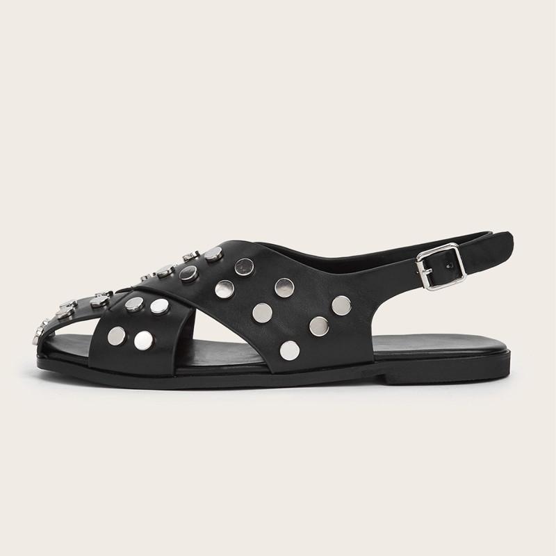 

High quality Punk Rivet Hollow out Women Flats Sandals Summer Slingbacks Buckle Strap Square toe Casual Dress Shoes 43 чёрный
