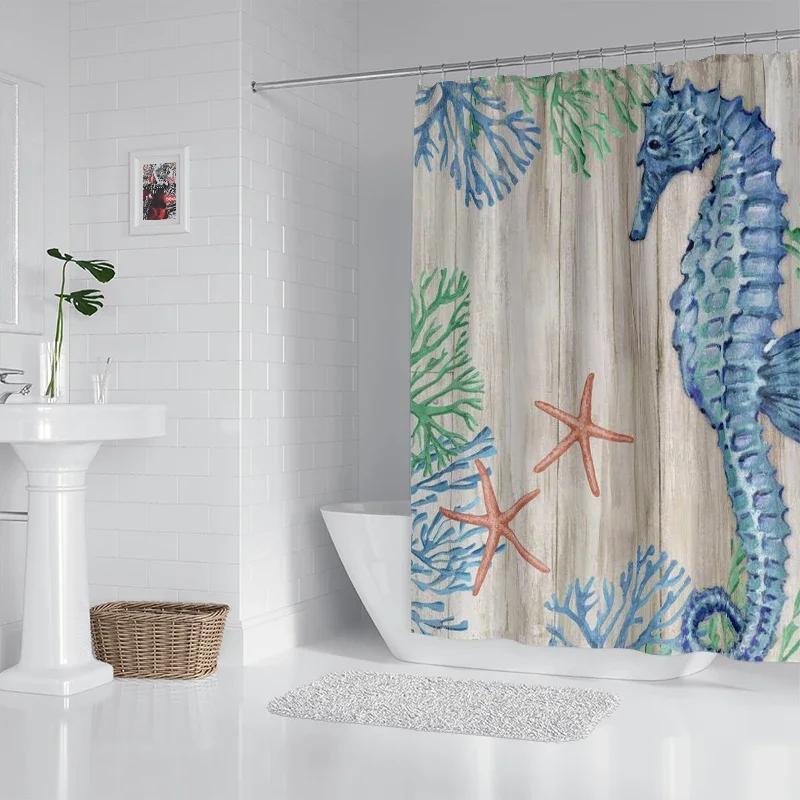 Ocean octopus, seahorse, starfish waterproof fabric household shower curtain accessories shower curtain marine shower curtain