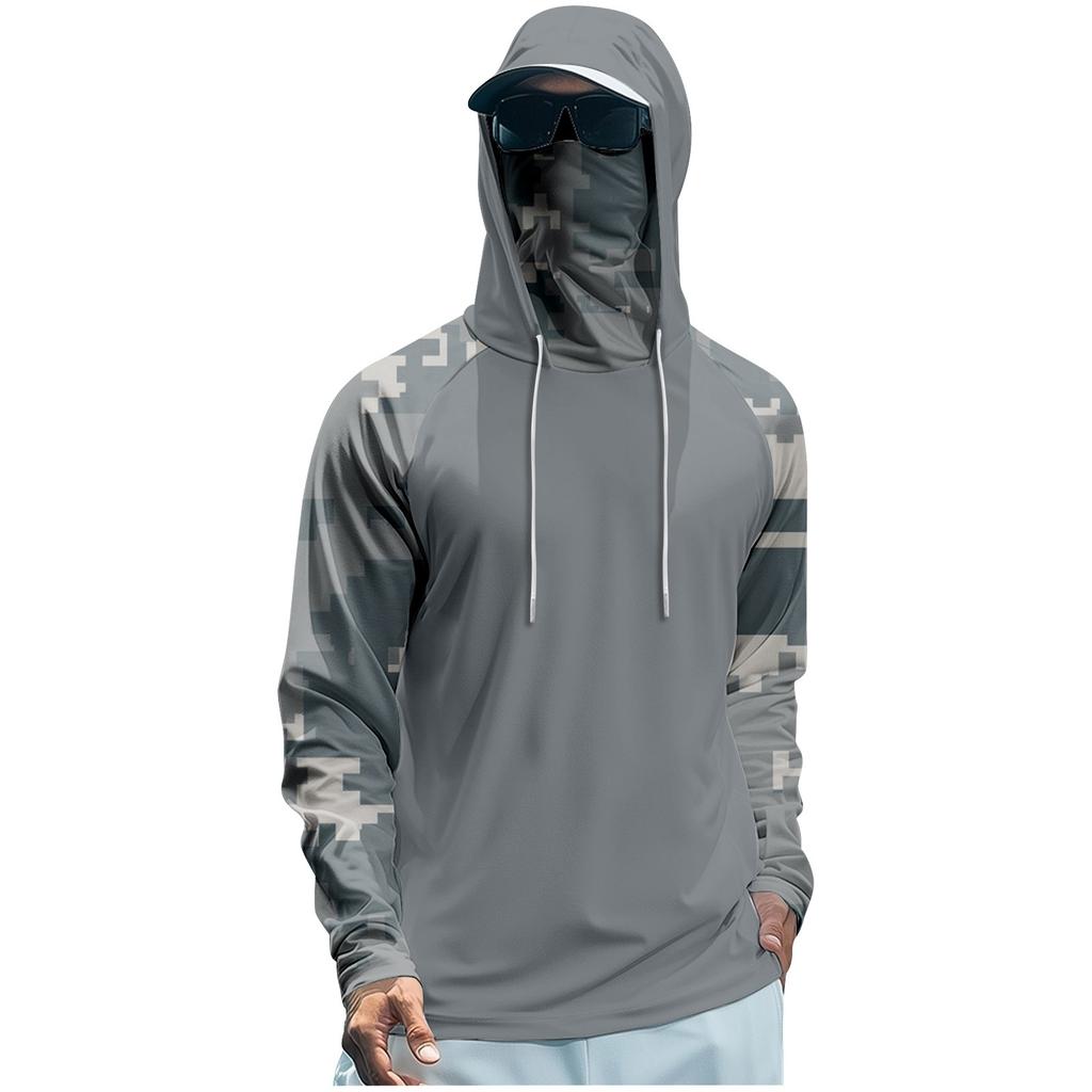 Herre Performance Fiske Raglan Hettegenser - UPF 50+ UV Langermet Solbeskyttende Skjorte med Nettingvisir